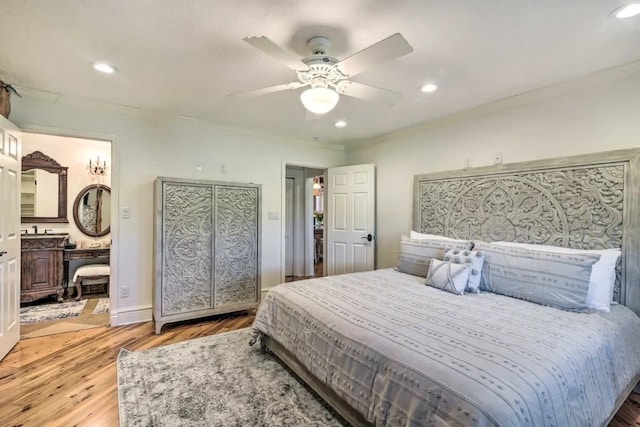 bedroom featuring light wood-style floors, ceiling fan, and recessed lighting