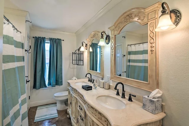 full bath featuring toilet, crown molding, baseboards, and a sink