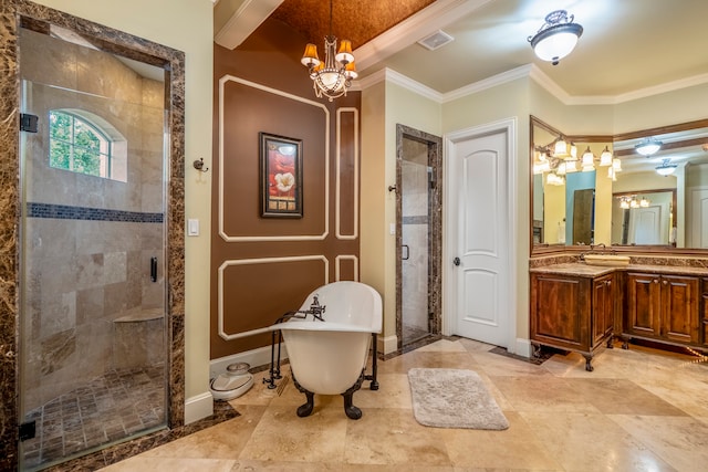 bathroom with crown molding, vanity, separate shower and tub, and a chandelier