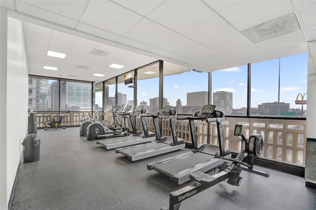 workout area with a wall of windows, a drop ceiling, and a healthy amount of sunlight