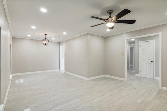 unfurnished room with light wood finished floors, ceiling fan, baseboards, and recessed lighting