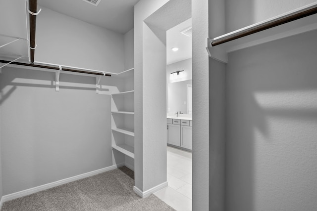 spacious closet featuring sink and light colored carpet