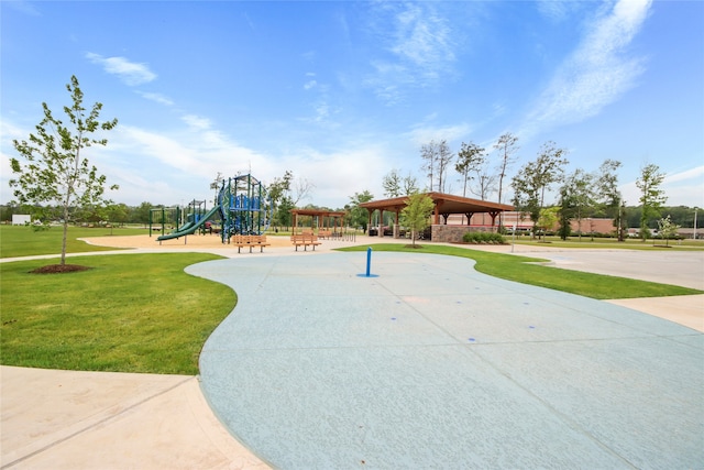 view of jungle gym featuring a lawn