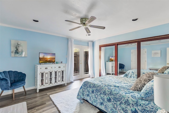 bedroom with french doors, crown molding, ceiling fan, access to exterior, and wood-type flooring