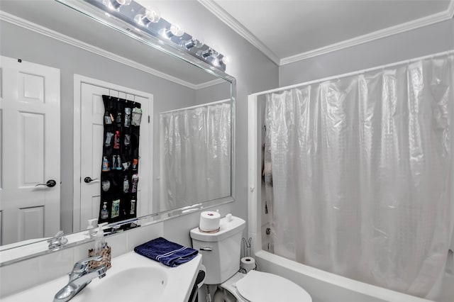 full bathroom featuring vanity, toilet, shower / bathtub combination with curtain, and ornamental molding