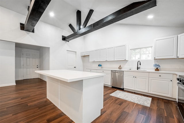 kitchen with white cabinetry, a kitchen island, dark hardwood / wood-style floors, stainless steel dishwasher, and sink