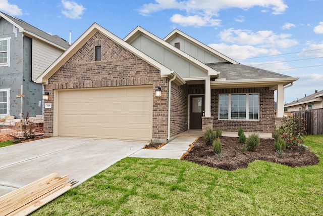 view of front facade with a garage, concrete driveway, a front lawn, and board and batten siding