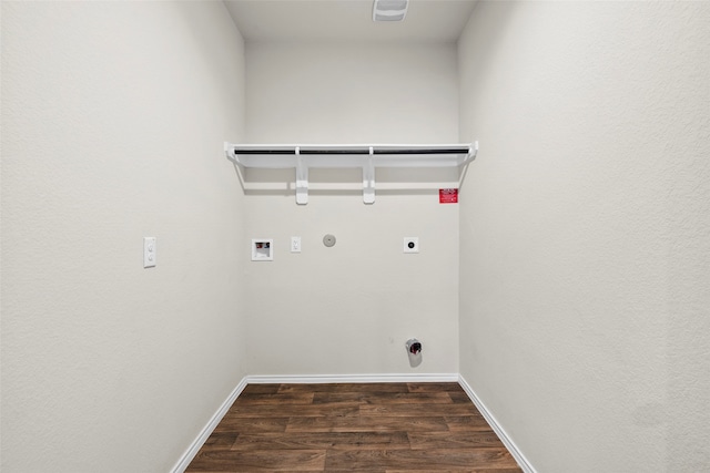 clothes washing area with hookup for a washing machine, gas dryer hookup, dark hardwood / wood-style flooring, and hookup for an electric dryer