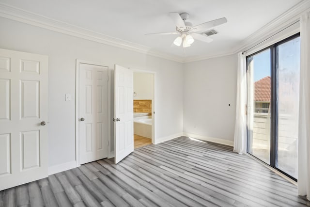 unfurnished bedroom with access to exterior, ceiling fan, connected bathroom, crown molding, and light hardwood / wood-style flooring