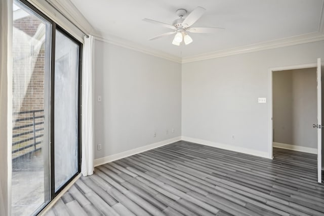 unfurnished room featuring ornamental molding, dark wood-type flooring, and ceiling fan