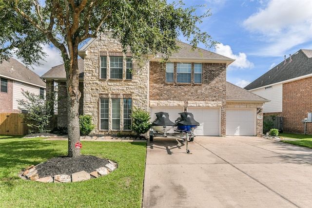 front facade with a garage and a front lawn