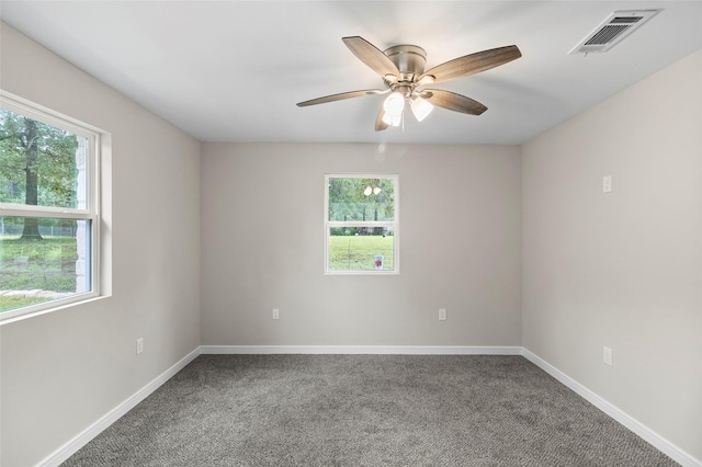 spare room featuring baseboards, visible vents, a wealth of natural light, and carpet flooring