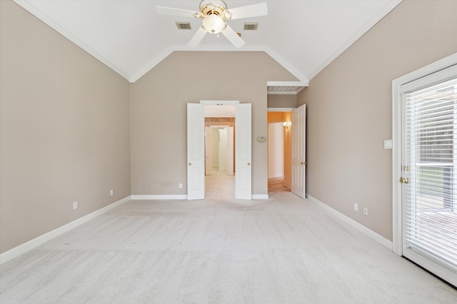 unfurnished bedroom with ceiling fan, light colored carpet, and ornamental molding