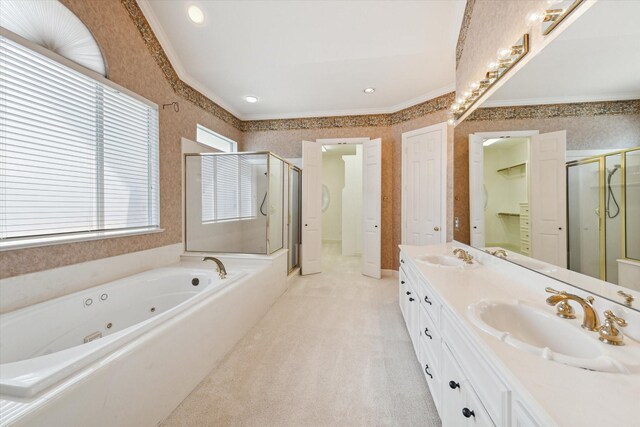 bathroom featuring shower with separate bathtub, ornamental molding, and dual vanity