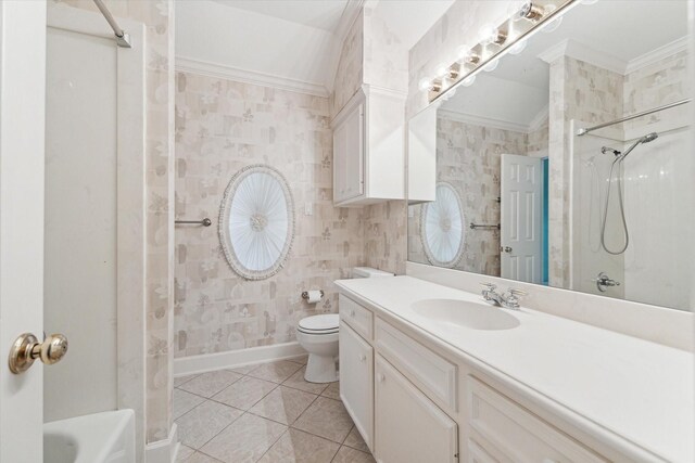 full bathroom with shower / washtub combination, crown molding, toilet, tile patterned floors, and vanity