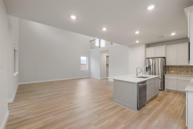 kitchen with tasteful backsplash, stainless steel appliances, light hardwood / wood-style floors, and a center island with sink