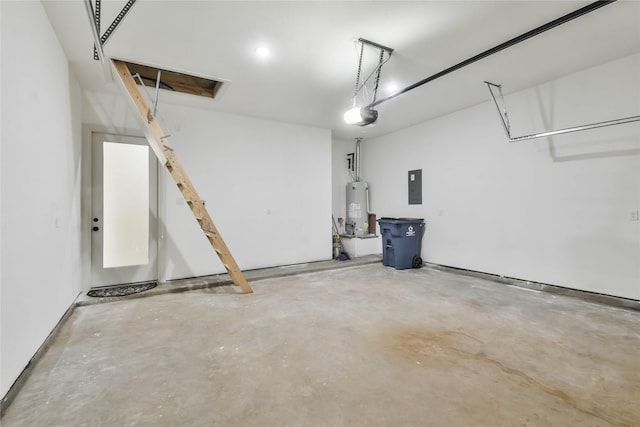 garage featuring a garage door opener, electric panel, and water heater