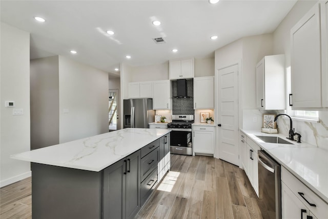 kitchen featuring stainless steel appliances, white cabinetry, a kitchen island, and sink