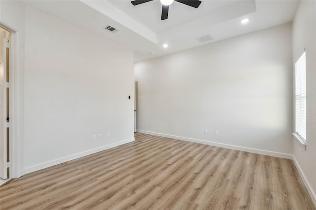 spare room with a wealth of natural light, light wood-type flooring, and a tray ceiling