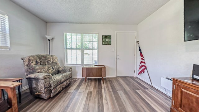 sitting room with a textured ceiling and wood-type flooring