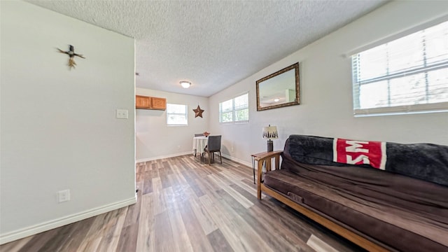 living area with a textured ceiling and light wood-type flooring