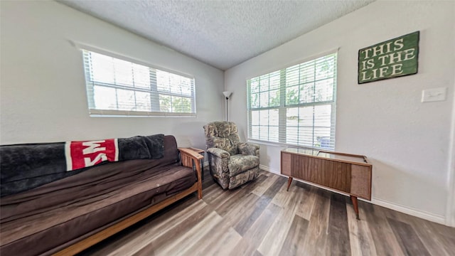 living area with a textured ceiling, radiator, and wood-type flooring