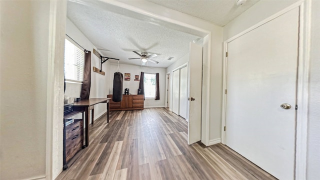 hall featuring a textured ceiling, wood-type flooring, and a wealth of natural light