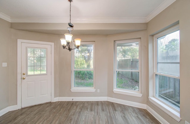 doorway with ornamental molding, a healthy amount of sunlight, and hardwood / wood-style floors