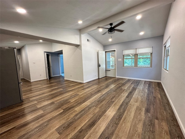 unfurnished living room featuring dark wood-type flooring, ceiling fan, and lofted ceiling with beams