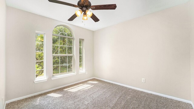 carpeted empty room with ceiling fan and a healthy amount of sunlight