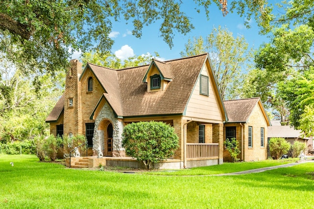 tudor house with a front lawn