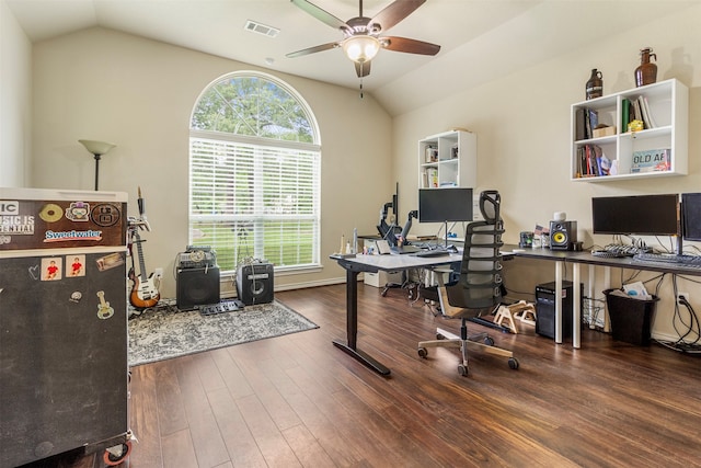 office space with ceiling fan, lofted ceiling, dark hardwood / wood-style floors, and plenty of natural light