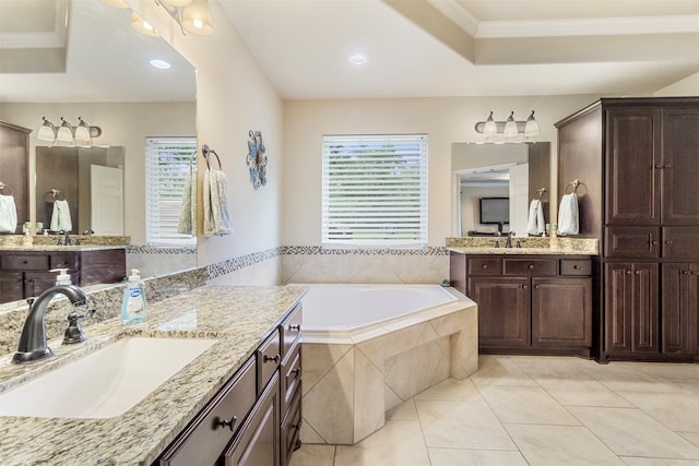 bathroom with double vanity, ornamental molding, tiled bath, and tile patterned flooring