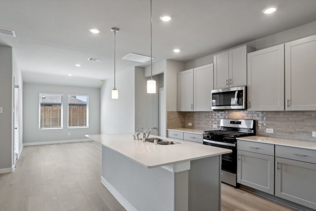 kitchen with sink, pendant lighting, stainless steel appliances, a kitchen island with sink, and backsplash