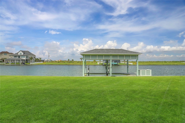 view of dock featuring a yard and a water view