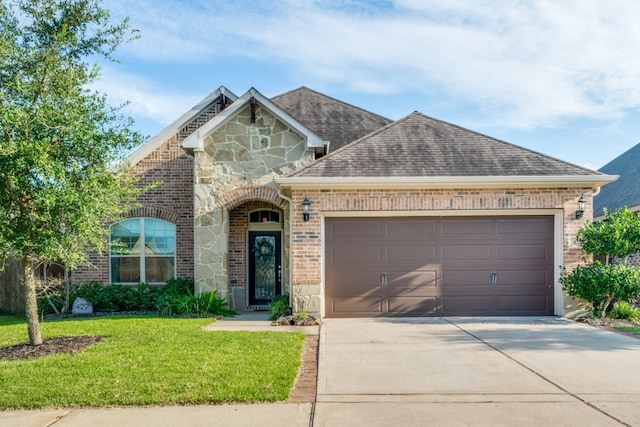 view of front of home featuring a front yard and a garage