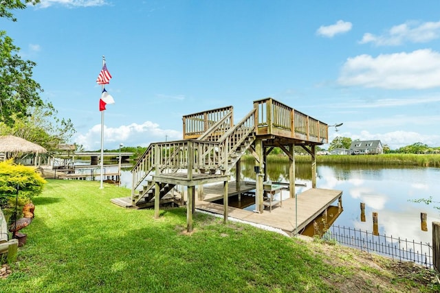 131 Bastrop Bayou Dr, Angleton, TX 77515 - view of dock with a yard, a deck with water view, and stairway