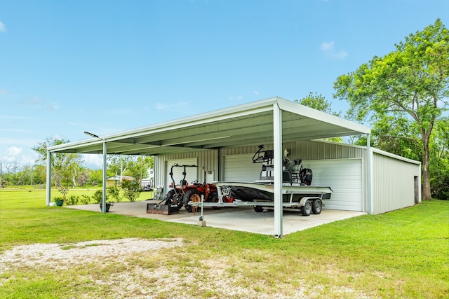 view of parking featuring a yard, a garage, and a carport