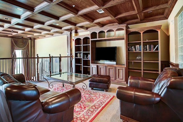 living room with crown molding, beamed ceiling, light colored carpet, and coffered ceiling