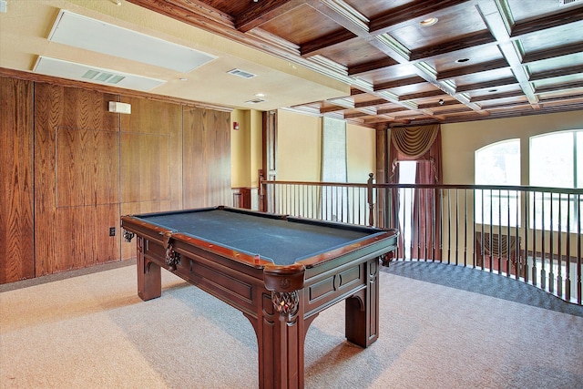 recreation room with light carpet, coffered ceiling, beam ceiling, billiards, and wood walls