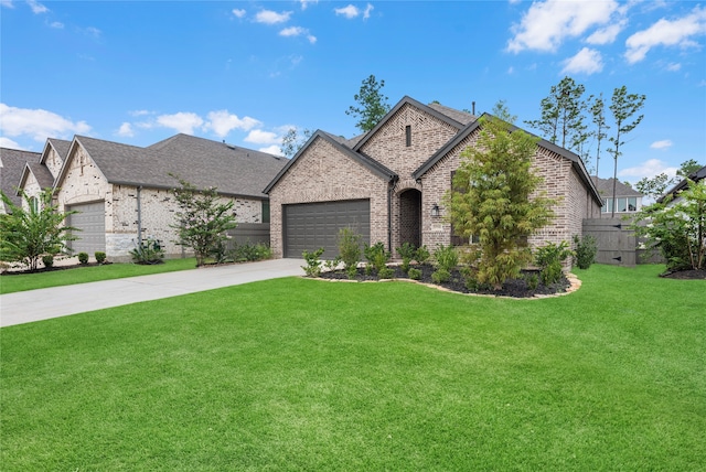 french provincial home with a garage and a front lawn