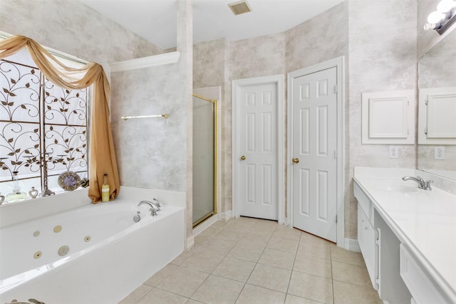 bathroom with separate shower and tub, tile patterned flooring, and vanity