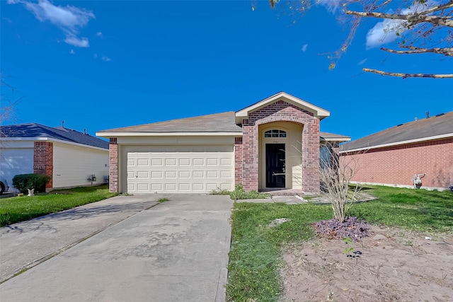 single story home featuring a front yard and a garage