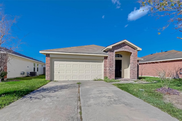 ranch-style house with a front yard, a garage, and cooling unit