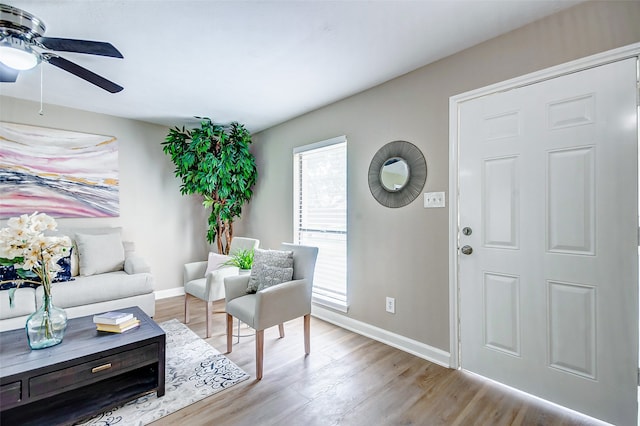 living room featuring ceiling fan and light hardwood / wood-style floors