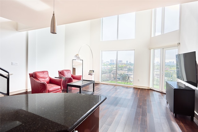 living room with dark hardwood / wood-style floors and a towering ceiling