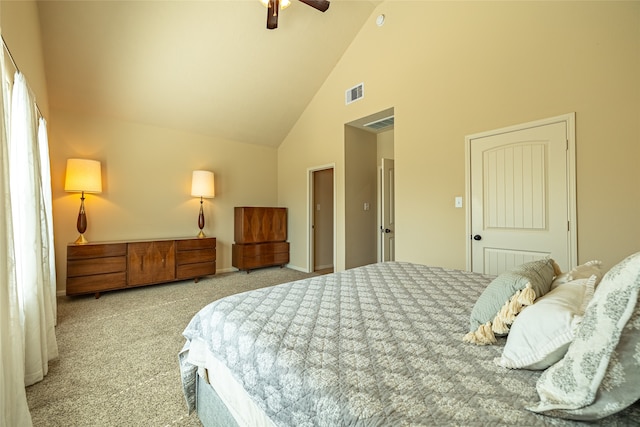 bedroom with ceiling fan, high vaulted ceiling, and light colored carpet