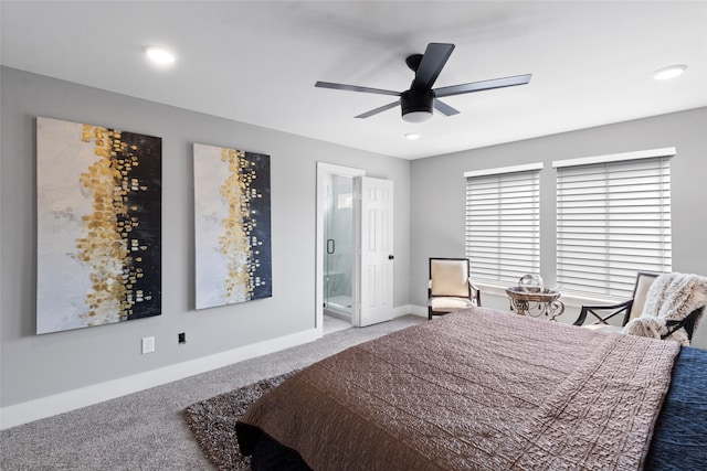 carpeted bedroom featuring ensuite bathroom and ceiling fan