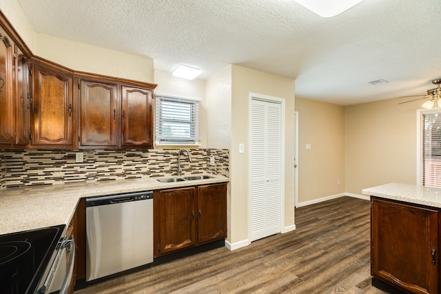 kitchen with decorative backsplash, stainless steel dishwasher, dark hardwood / wood-style floors, and ceiling fan