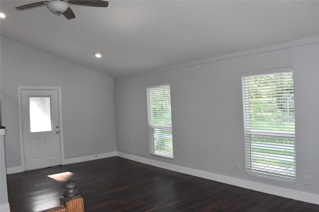 entrance foyer featuring ceiling fan, dark wood-type flooring, and lofted ceiling